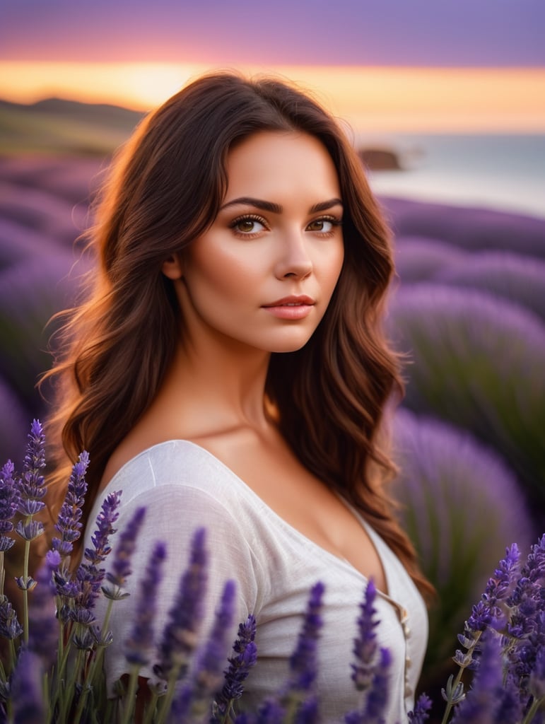 Portrait of a beautiful brunette woman in a field of lavender with ocean in the background, blurry background, sunset, vivid colors, high contrast colors, dramatic lighting, Oregon Coast, very detailed.