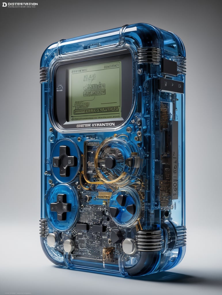 A see through blue translucent game boy designed by dieter rams. industrial design inspiration. unreal engine render, natural lighting, on desk, beautiful shot