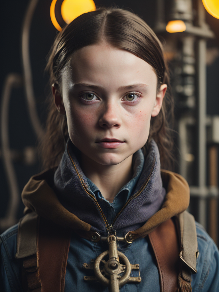greta thunberg As oil rig worker, realistic, high detail, steampunk styled