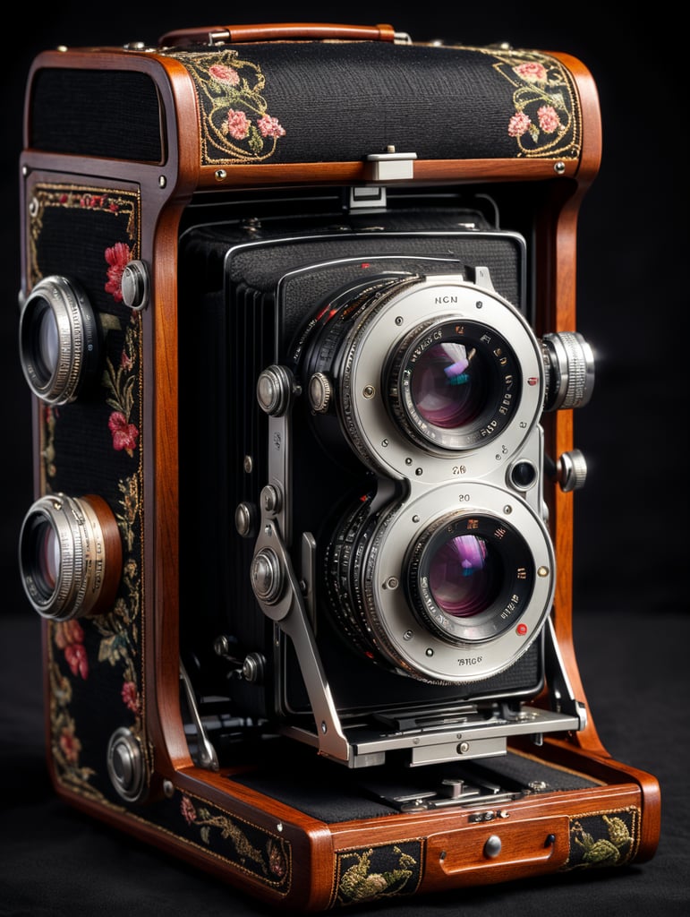 Vintage camera nicon, decorated with textile, fabric case, isolated, black background