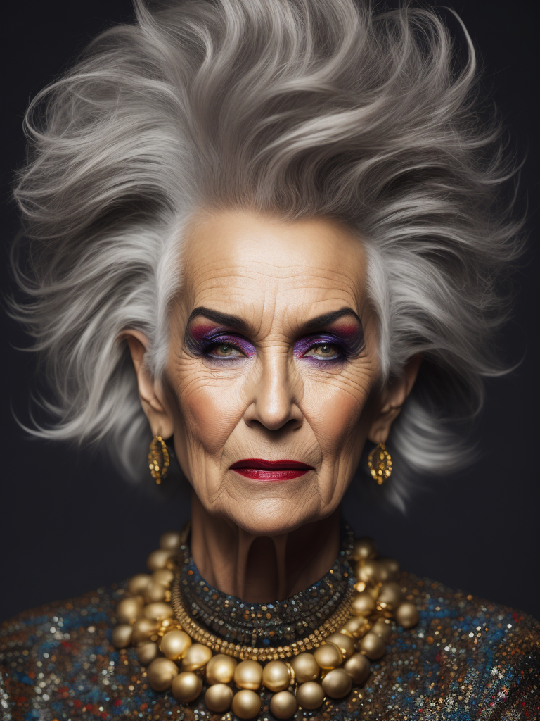 A 70yr old supermodel with bright dramatic make-up and wild hair, beautiful pores and skin texture, detailed high resolution image, grey hair, Dior makeup, award winning fashion editorial image