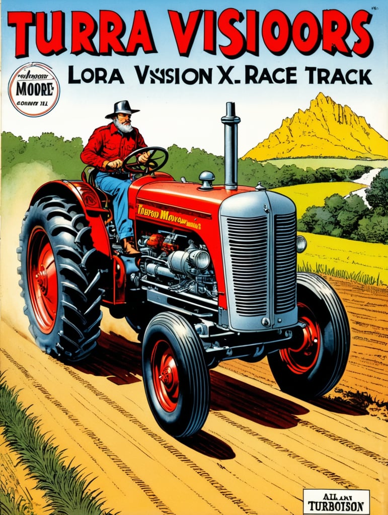 The Wizard's Vintage Comic Book Cover LoRA, Harrlogos XL LoRA – vintage comic book cover, fast (title says "TURBOVISION XL" text logo:1.4) in red, old tractor speeding down the race track, by r crumb and alan moore, detailed