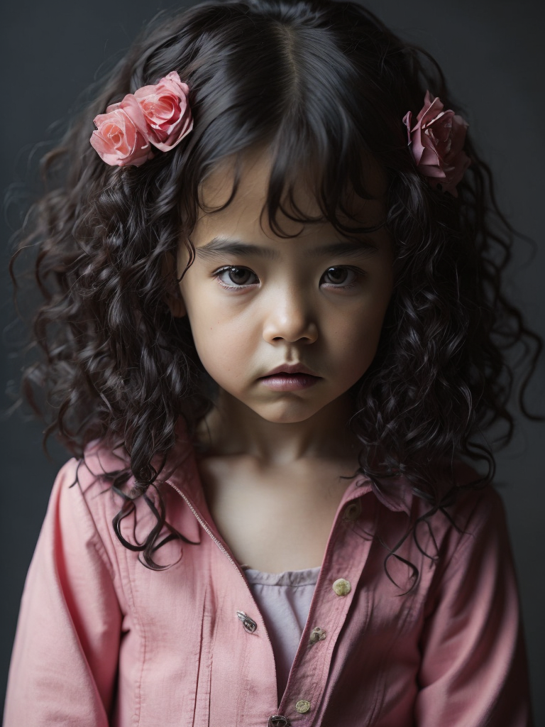 criança, mestiça japonesa, cabelo cacheado preto grande, pele clara, com 4 anos de idade, vestida de rosa.