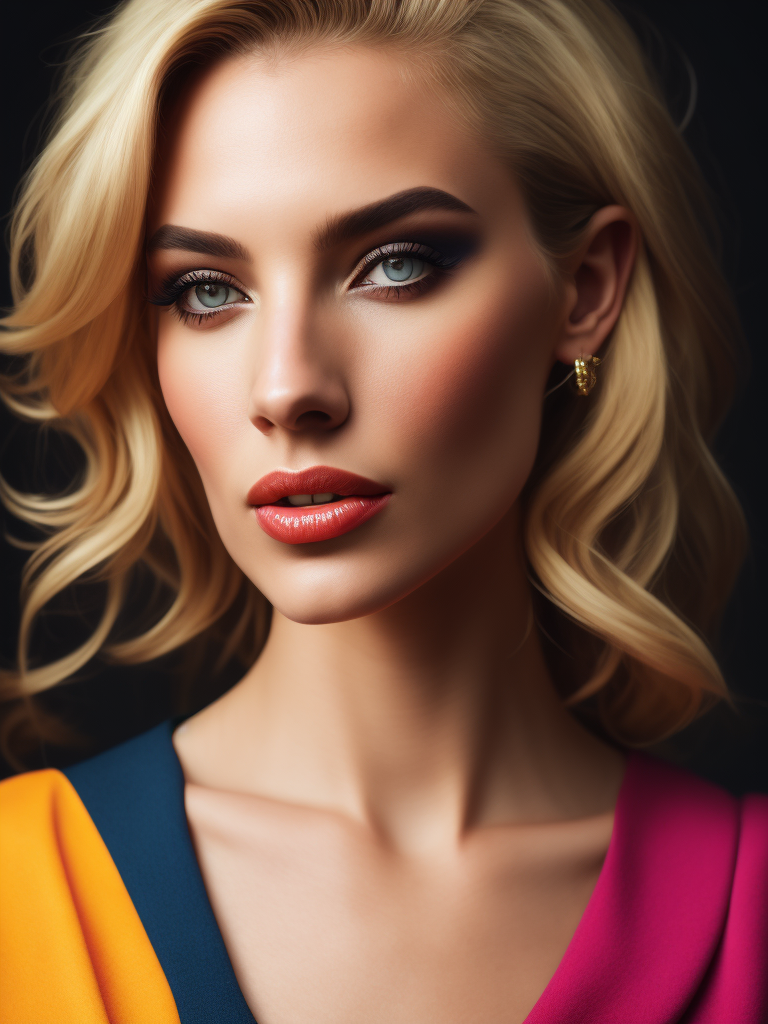 Portrait of a blonde woman, bright and saturated colors, elegant, highly detailed, vogue, fashion magazine, sharp focus, bright expressive makeup, dramatic lighting, depth of field, incredibly high detailed, blurred background'