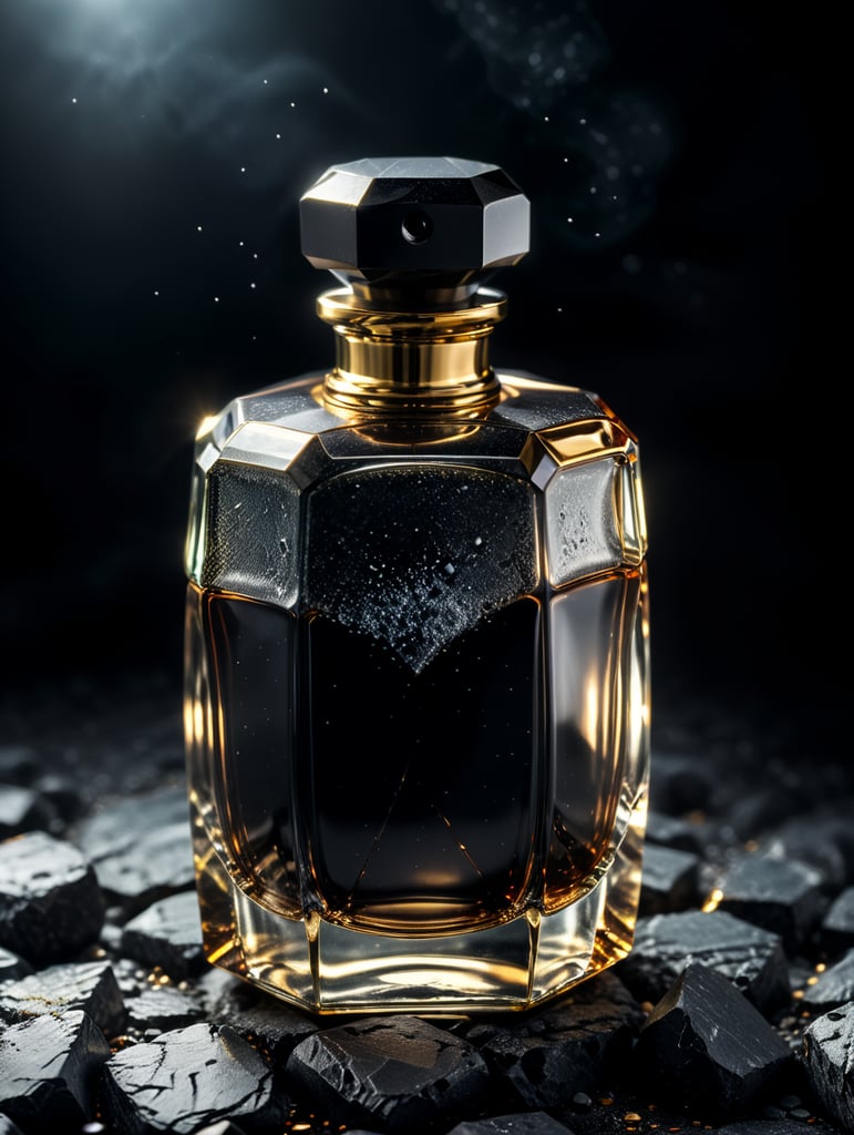 professional photography of a luxury perfume, square chrome bottle, faceted black stone in the form of a cap, surrounded by particles and dust, no label, clear, mockup