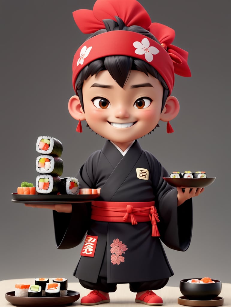 Personagem japonês, masculino jovem, sorrindo, de corpo inteiro, com kimono preto, faixa vermelha na cabeça, segurando uma bandeja com sushi