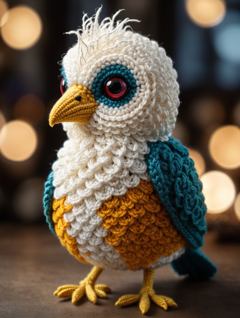 crocheted amigurumi bird, studio photo, white and beige shades, bokeh