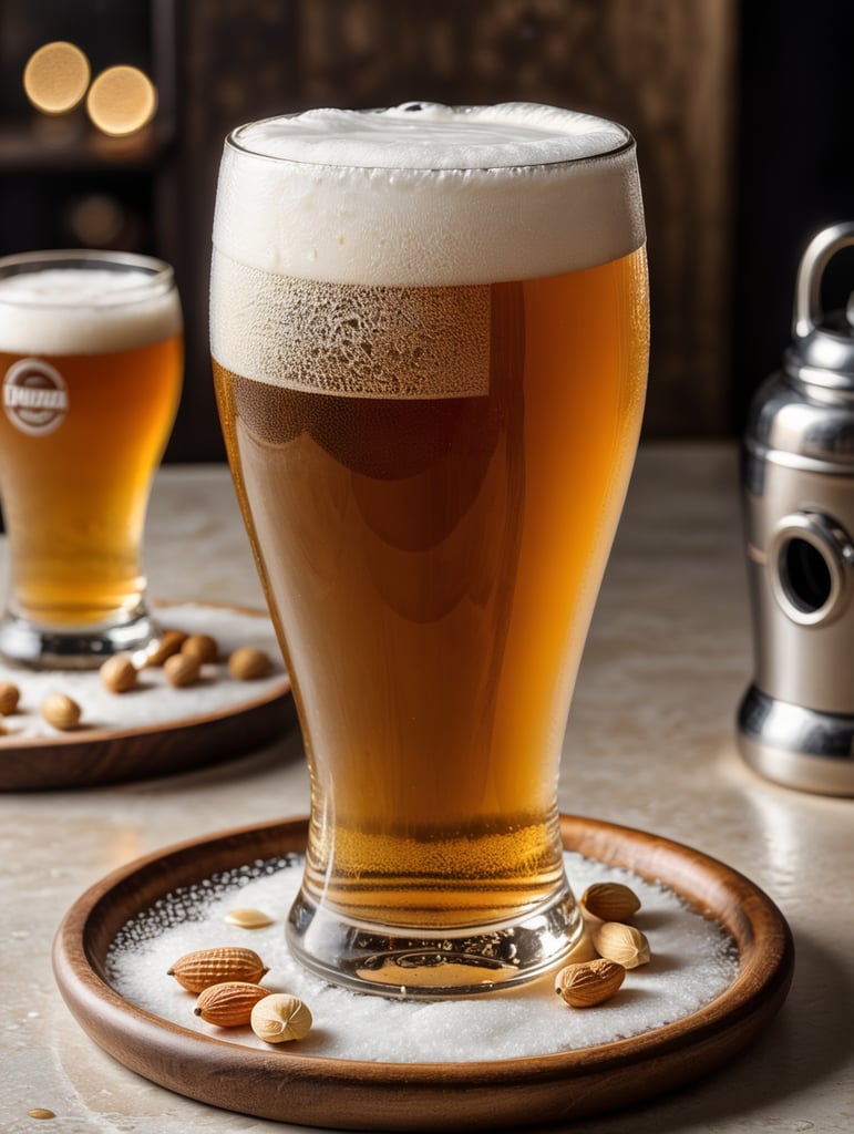 small round stainless steel plate filled with dry peanuts, one gorgeous pint of beer, beer swirl inside glass, one inch of white foam on top, transparent beer, frozen glass, advertisement, highly detailed