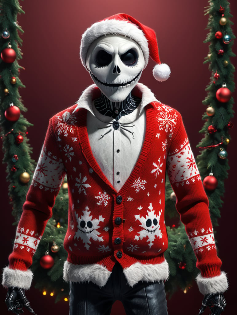 Jack Skellington standing wearing an ugly Christmas sweater red background