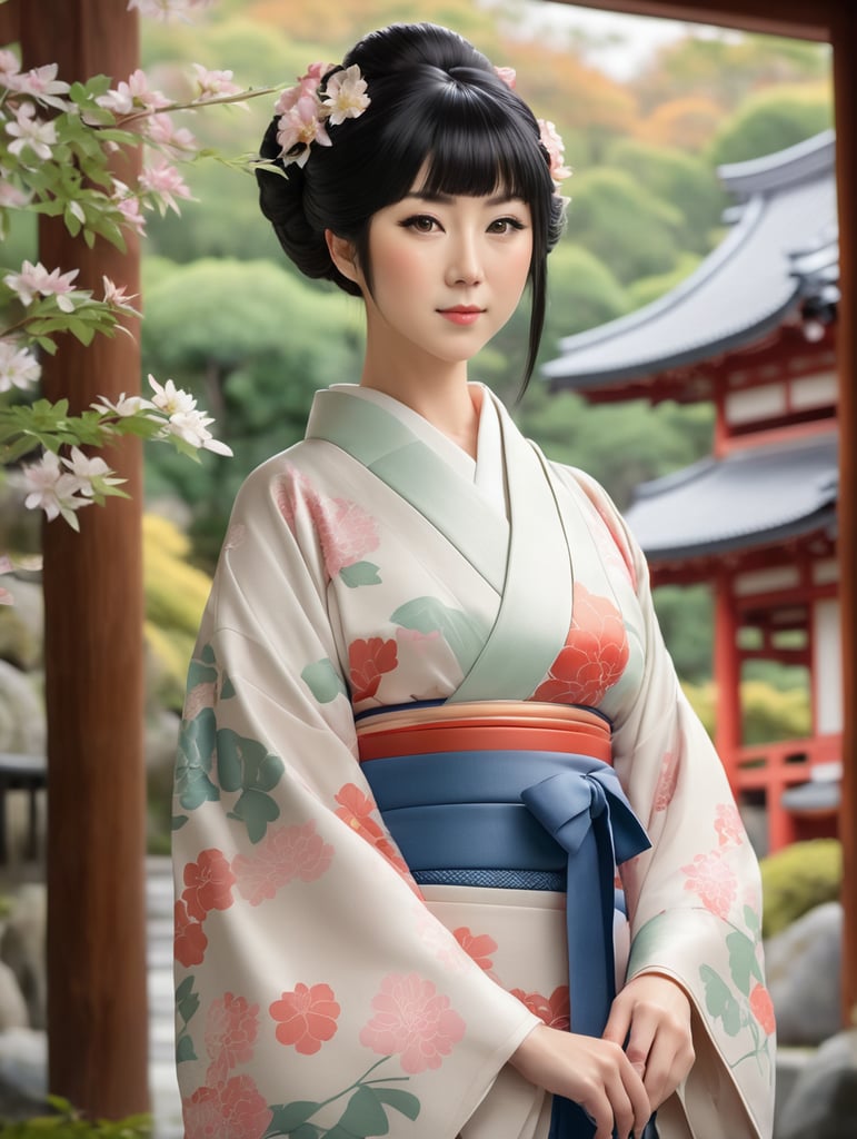 Generate picture of hinata as a grown women with an age of 35 with short japanese dress in Japanese background.