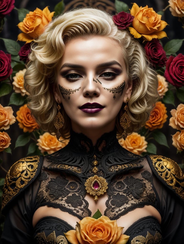 "Marilyn Monroe, Beautiful female, dia de los muertos, wearing black with golden accents, face art, make-up skull, day of the dead, flowers background , intricate details, cinematic lighting, photo realistic, close-up portrait, DarkArt, dark background, 8k, designed by HR Giger”