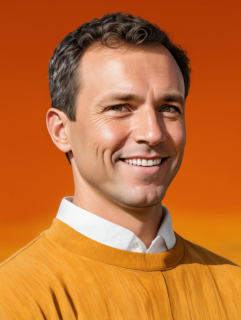 Ink pen sketch, low light, low detail, Close-up of a caucasian man looking into the camera with a confident smile. the background is composed of rolling hills, with clouds in the sky