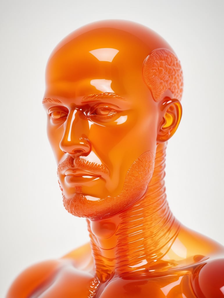 Portrait of a Translucent orange man made from the jelly, organs are visible through the jelly