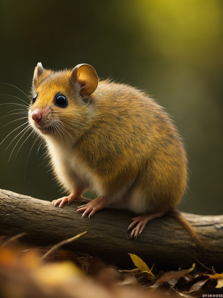 One extremely cute and fluffy dormouse, Mesmerizing colorful evening lighting, damp forest, high quality wildlife photo, National Geographic