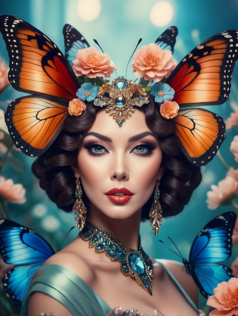 Butterfly women, cabaret imagine style portrait of a goddess, professional photo, 4k, high detail, 30mm lens, aesthetic ,flower, muted colors, cinematic style