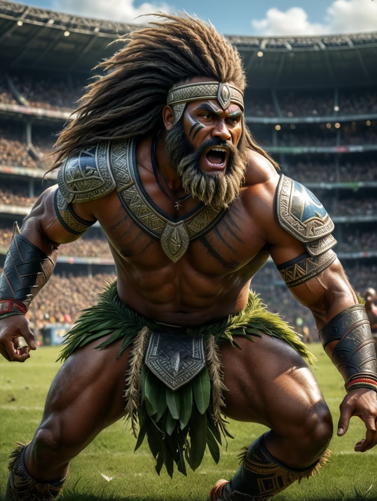 A Fijian warrior with long hair dressed in grass skirts playing rugby 🏉