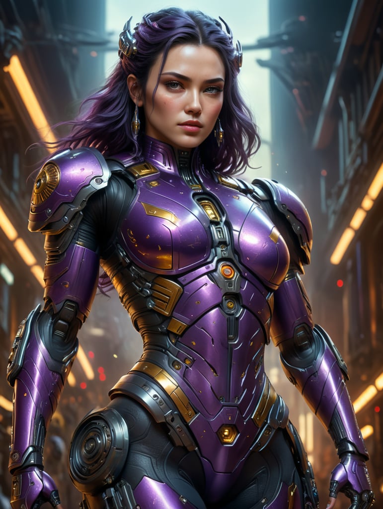 Cyberpunk, sci-fi woman, fantasy, kodak portra 400, 8k, soft light, volumetric lighting, highly detailed, goddess of victory style, skin formed by digital optical fiber, intricate, elegant, highly detailed, digital painting, concept art, smooth, sharp focus, comic illustration,full body, armor star wars, dark hair, muscular,full purple body suit