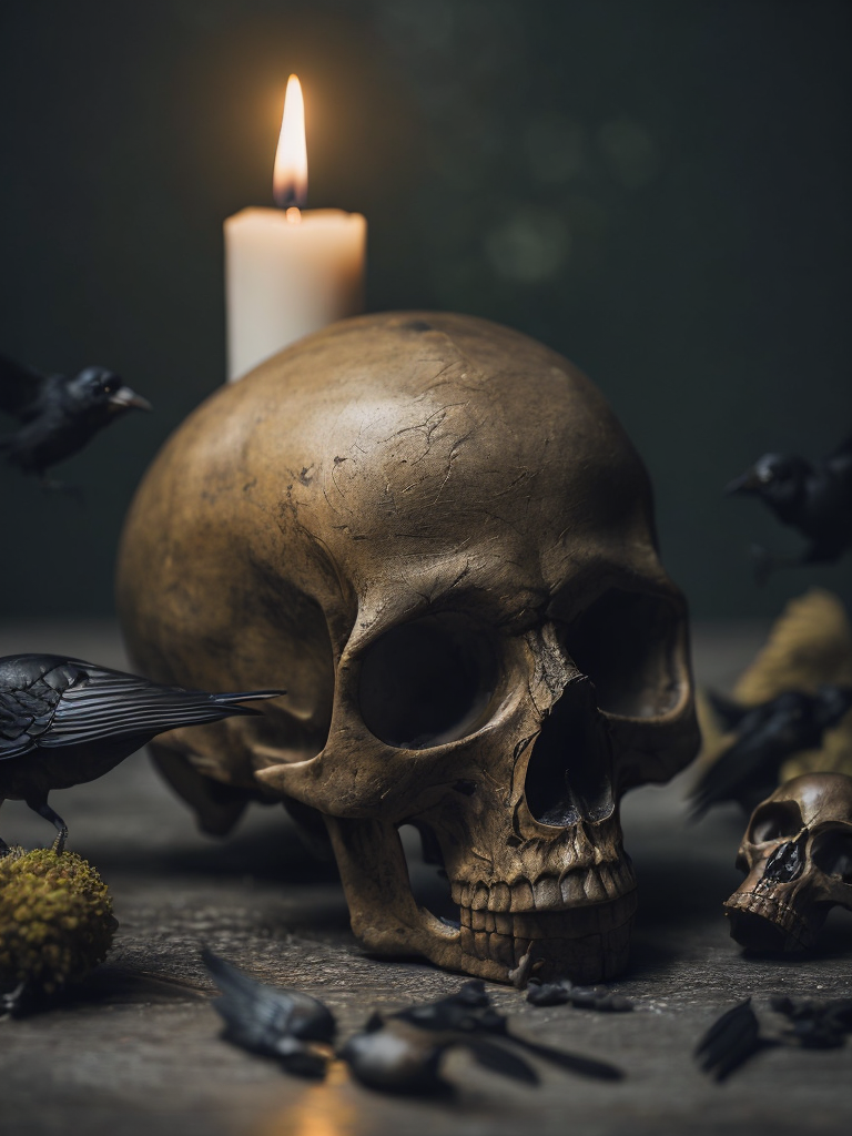 human skull dark candle light surrounded by dead black birds and insects, dark green background scattered dead flowers, shallow depth of field focus