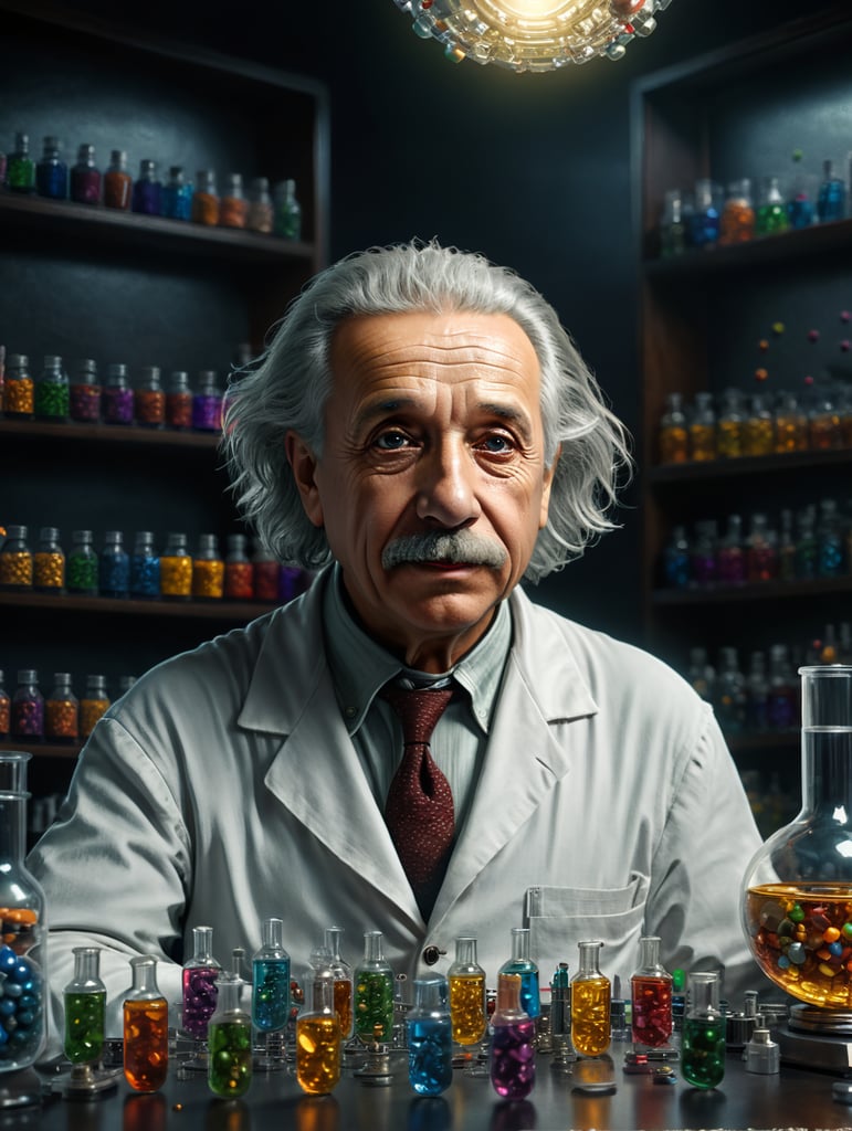 Albert Einstein in a lab with some vitamin capsules on the table