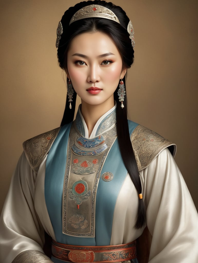 Genghis Khan’s daughter, managing the affairs of her husbands kingdom portrayed as a powerful and influential figure,(realistic pictures of a very beautiful Chinese woman)