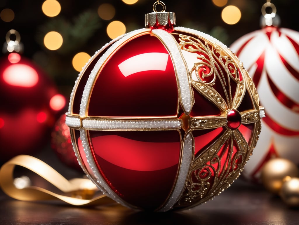 (Gold,RED,White)Christmas transparent ball scissor inside!Vintage, sharp focus, highly detailed, Dark gradient background, Muted colors