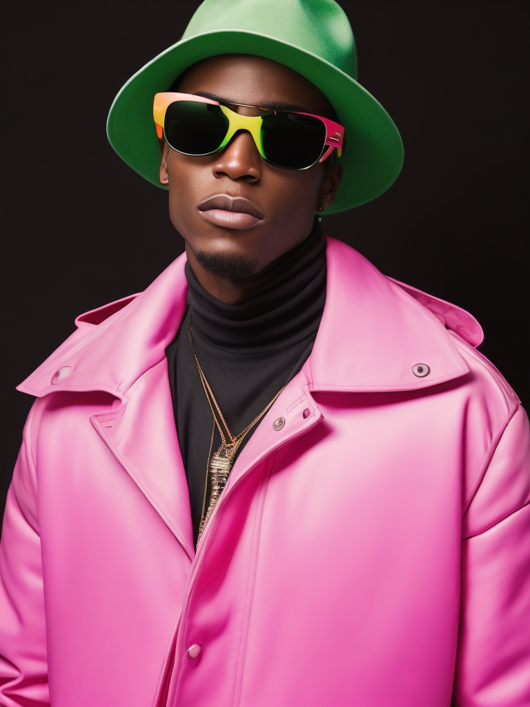 Black male fashion model, Wearing a pink jacket and a green panama hat, large black sunglasses, Black background, Bright and rich colors, bright saturated color, sharp focus,