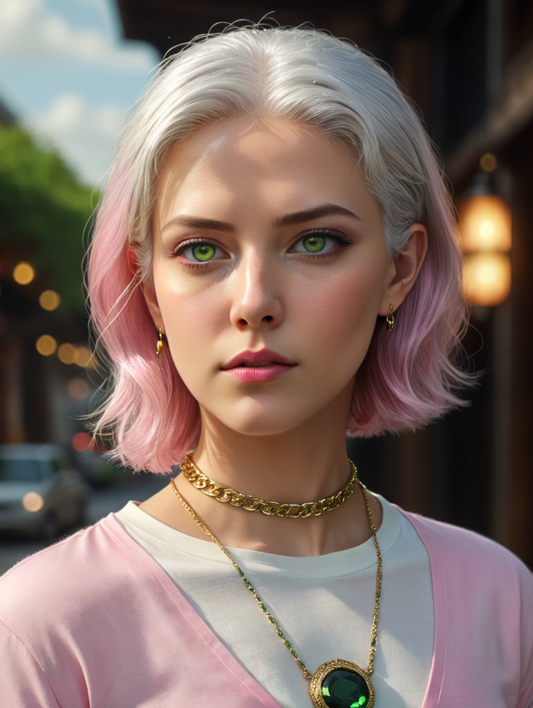 Белые волосы не очень длинные, зеленые глаза, тонкая золотая цепочка, розовая Майка не очень длинная, черные широкие штаны