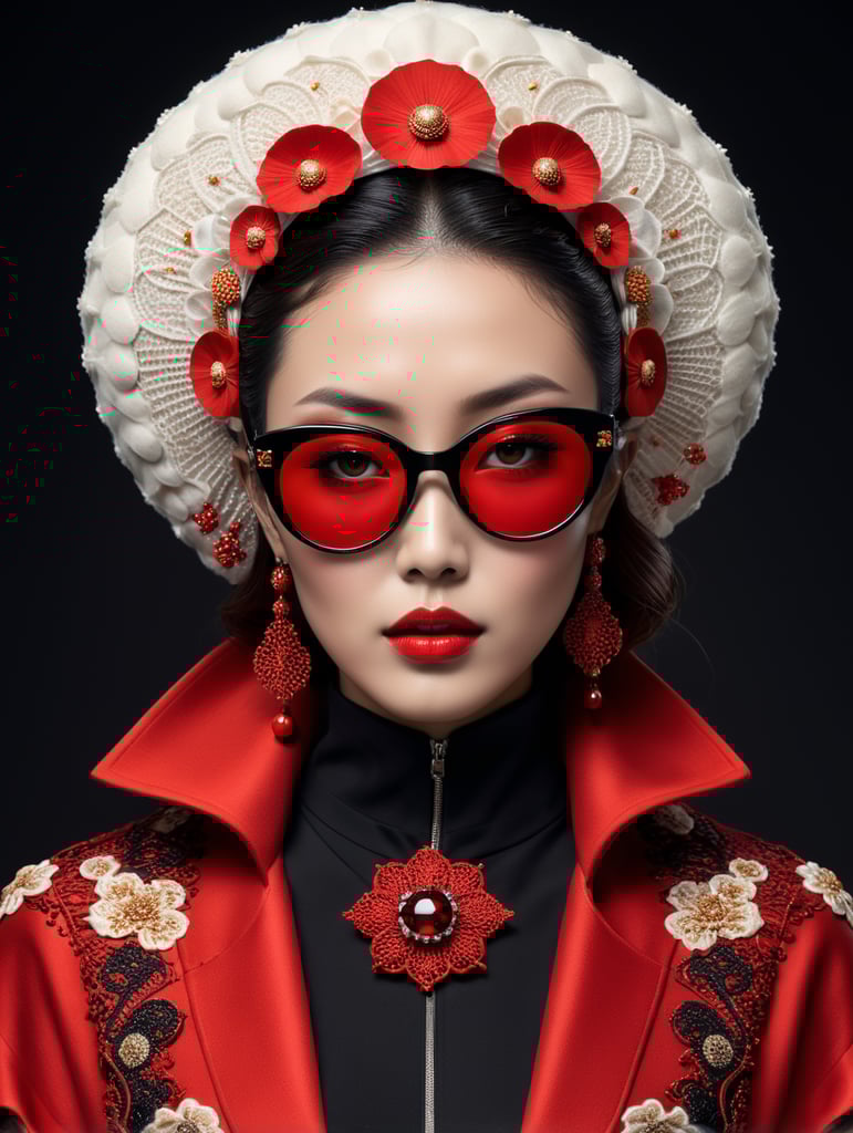 A japan tendency luxury top model dressed with Autumn woolen and Cotton threads clothes in shape of red Waves spectrum. "Smoke black reflecting futuristic glasses", dark diamond jewelry, hijab graved with colorful japan inspiration in the shape of frilly and mushroomy large waves threads inspired long coat flowing, black clean studio background, hyper detailed, epic Ai Yazawa, maximalist, contrast, Alberto Seveso fashion art style, hyper realistic, studio light, soft light, volumetric lighting, subsurface scattering, 4k, 8k, HD,-- s 1000 --style raw, fashion magazine cover