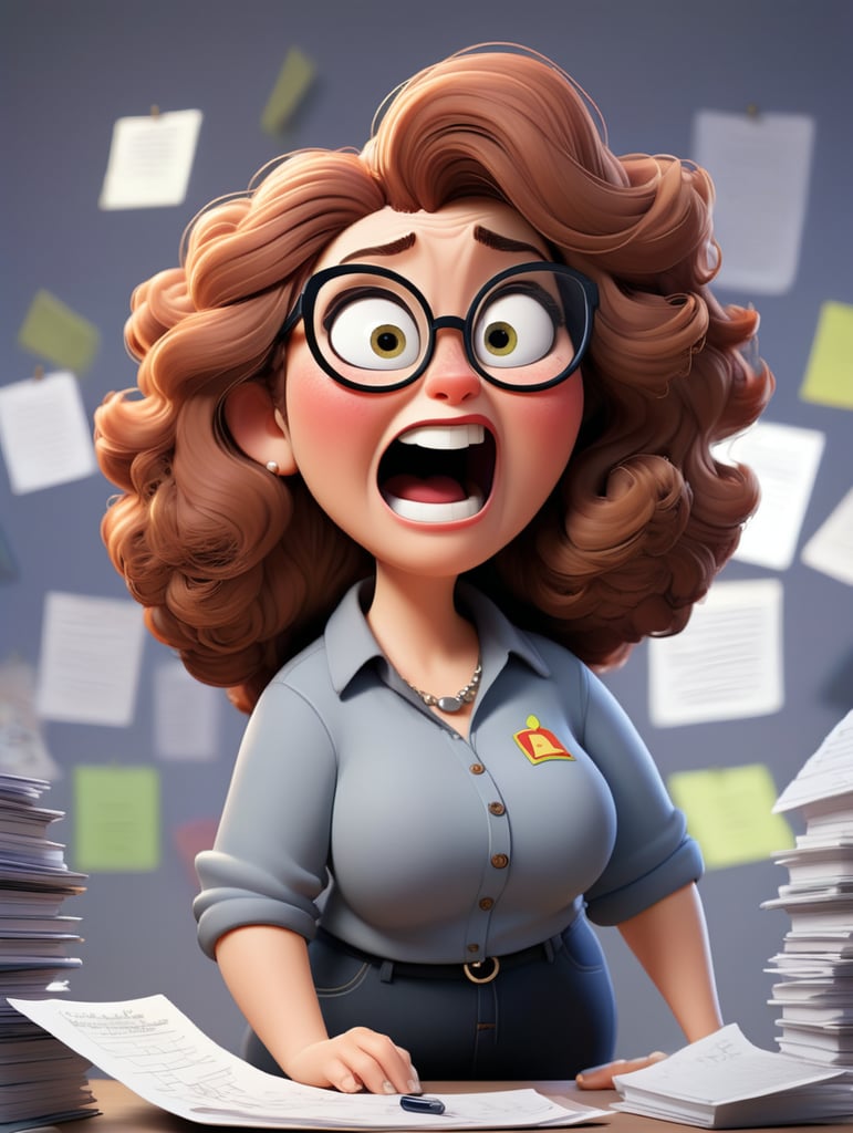 female co-worker who solves everything, funny drawing, curvy body in comic book style, with brown curly hair, glasses, desperate expression pile of work papers, older age, thin silver necklace, kingblue shirt, curvy face