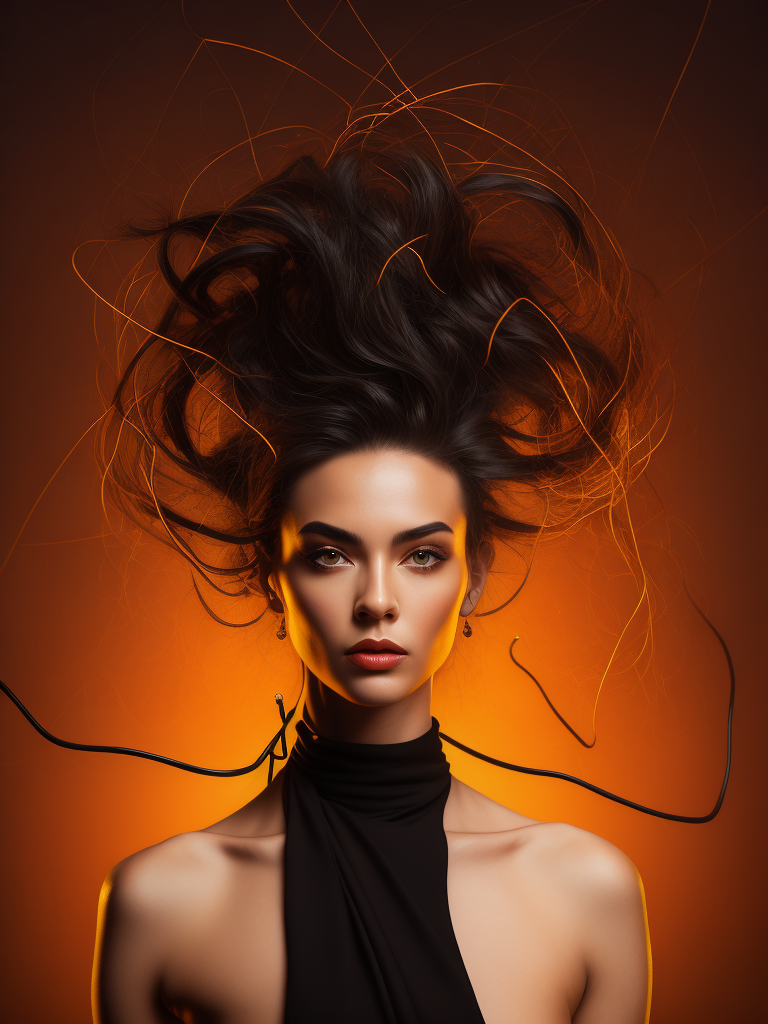 a fashion studio photo of a woman dressed in a black dress made of electrical wires, perfectly lit, solid orange background, Vivid saturated colors, Contrast color, studio photo, professional photo, Rich colors, Detailed image, detailed face