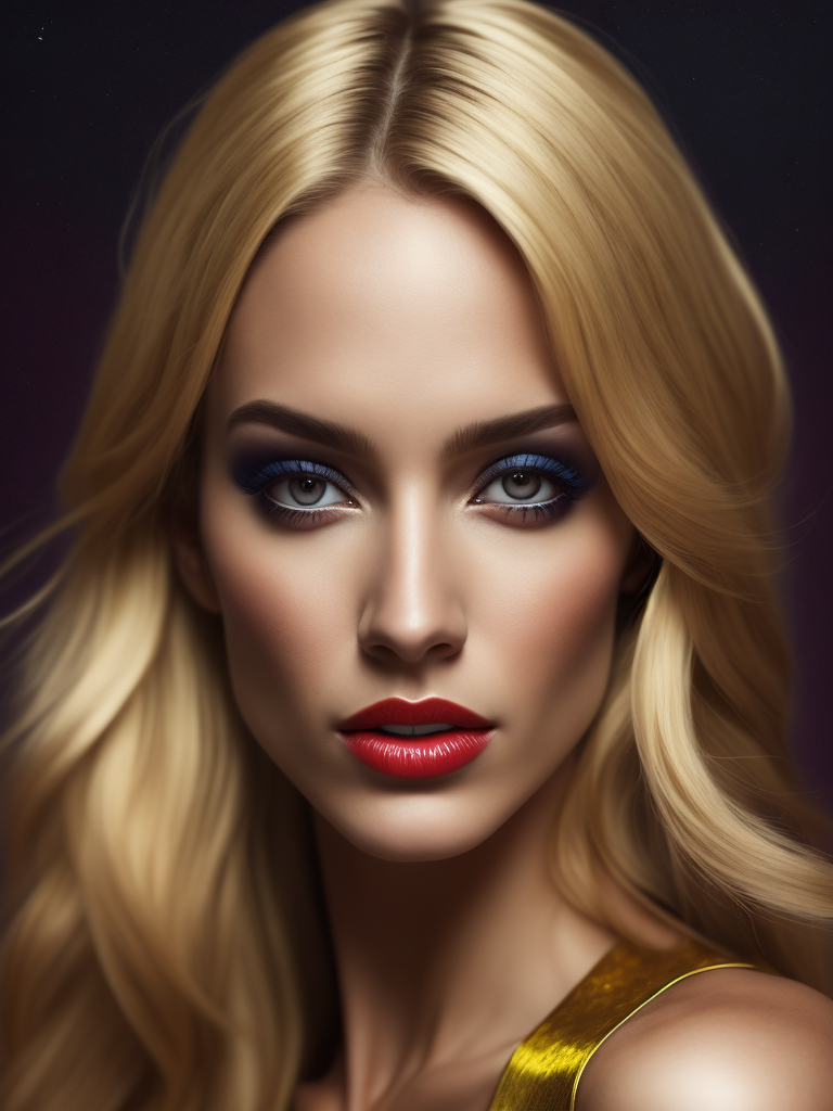 Portrait of a blonde woman, bright and saturated colors, elegant, highly detailed, vogue, fashion magazine, sharp focus, bright expressive makeup, dramatic lighting, depth of field, incredibly high detailed, blurred background'