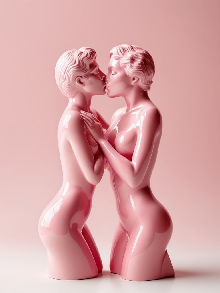 Kiss Art: Two pink glazed ceramic single color figures kissing each other, isolated, pink background