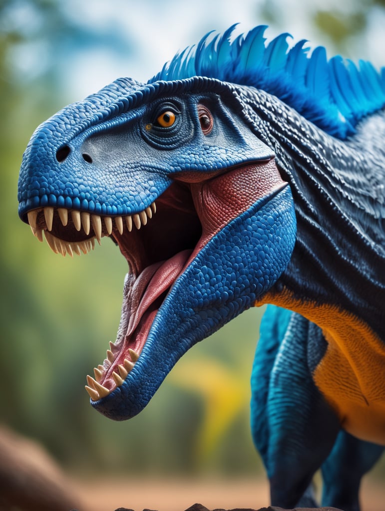 Blue feathered Tyrannosaurus rex, Vibrant colors, Depth of field, Incredibly high detail, Blurred background