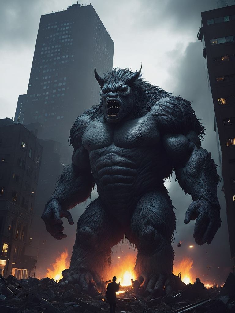 Donald trump depicted as a giant monster destroying a city