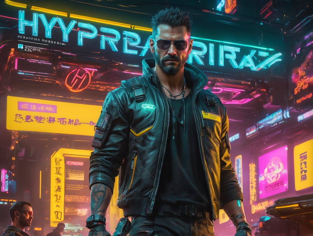 cyberpunk 2077, man from future, ultra realism, super detailed, neon colors, magazine cover, professional shot, magazine photography, bright saturated colors, sharp focus, highly detailed, room for copy, simple background