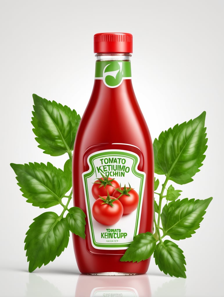 tomato ketchup bottle, red tomato with green leaves, isolated, white background