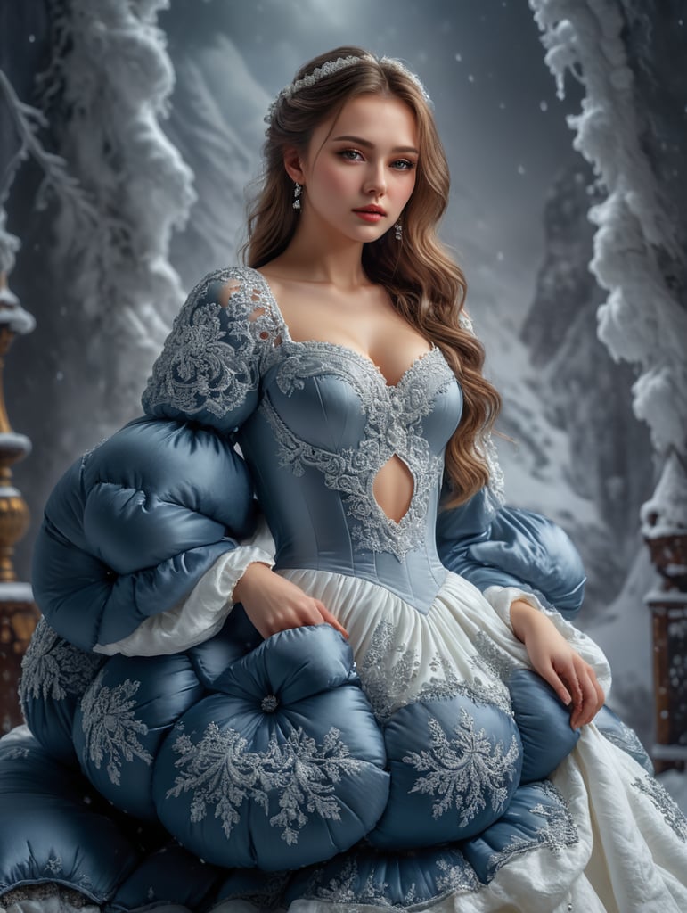 beautiful Russian girl in a photo studio, she is wearing a huge white dress that looks like pillows. Russian winter with frost in the background