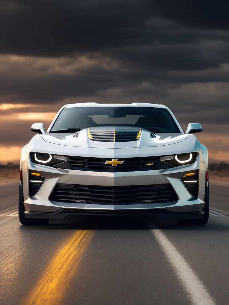 a videogame visual of a Chevrolet Camaro, front of the car, white plane background, dynamic composition, incredible graphic, 4k