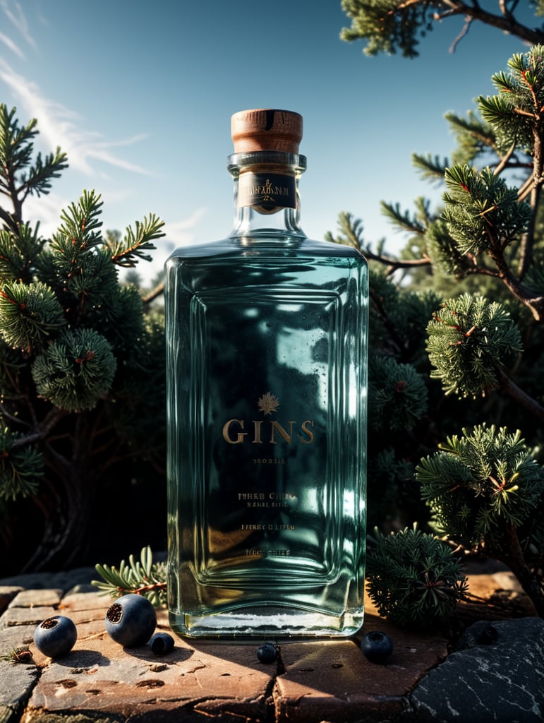 professional photography of a square gin bottle, square bottle, surrounding a juniper and juniper berries, one shot of gin in a front, no label, clear, mockup