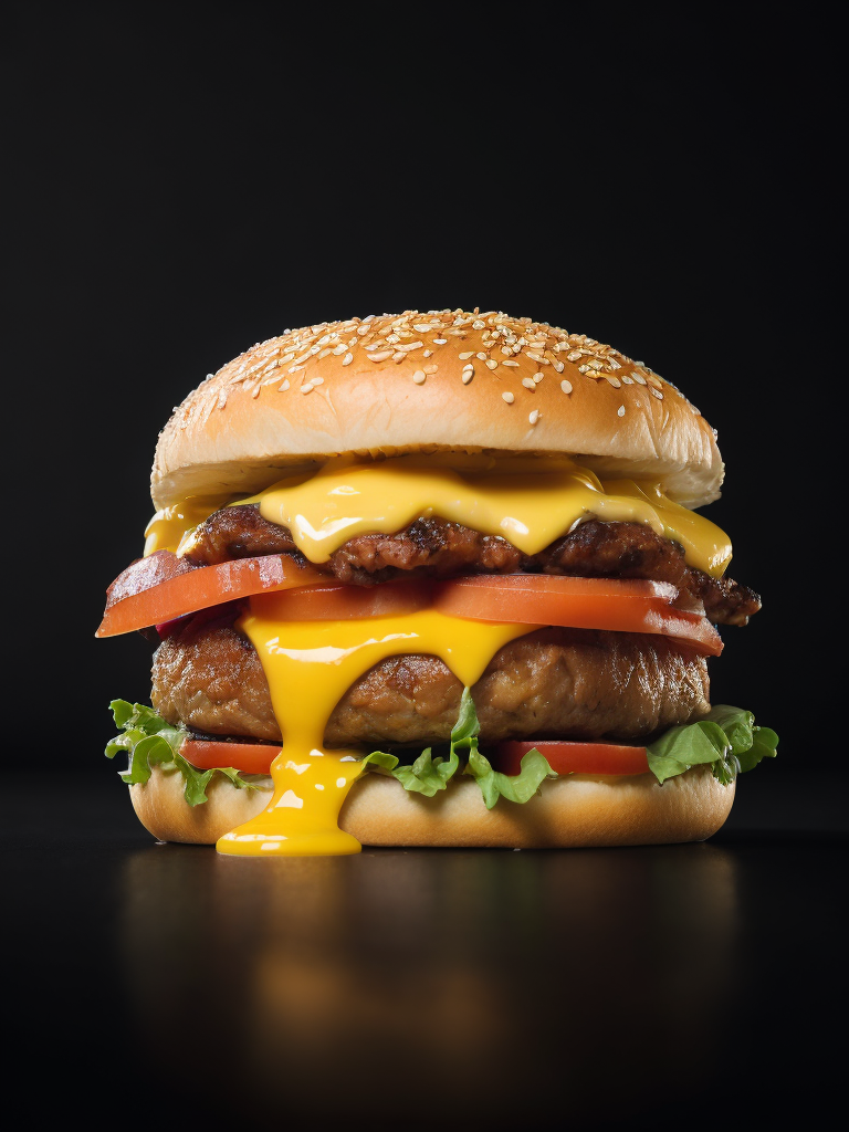 appetizing burger with leaking cheese on black background