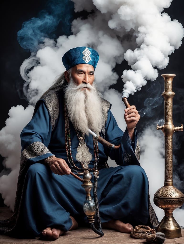 old wizard with a long beard sitting cross-legged, smoking a large hookah pipe with a huge cloud of smoke above him