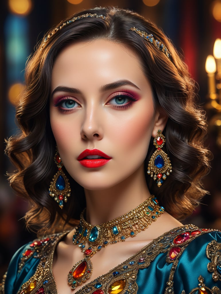 Portrait of Elizabeth Tabish, bright and saturated colors, elegant, highly detailed, vogue, fashion magazine, sharp focus, bright expressive makeup, dramatic lighting, depth of field, incredibly high detailed, blurred background