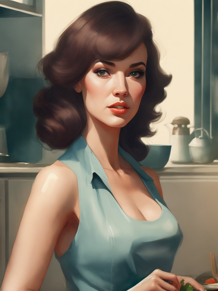 A young beautiful 1950s housewife cooking in kitchen anatomically correct. perfect fingers on hand, extremely detail in kitchen. perfect composition and lighting. sharp focus. high - contrast surrealistic photorealism.