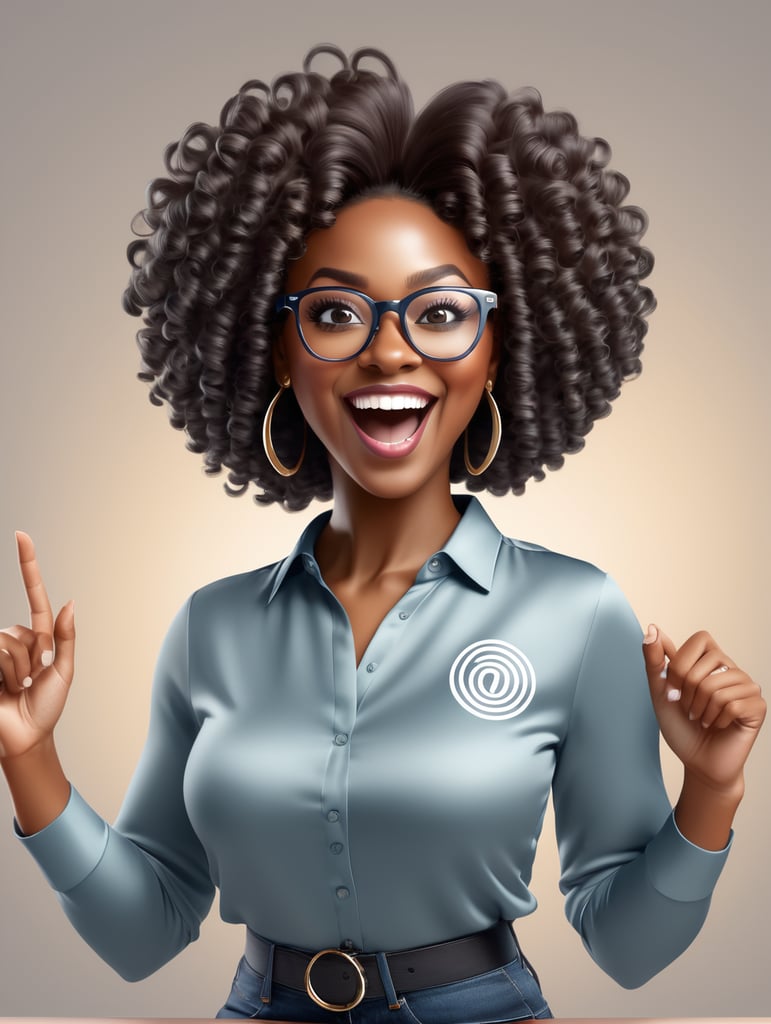 Create a 3D illustration of a character 32 year old black woman with curly hair excited with silk glasses casually on top of a logo social media "Instagram". The character
