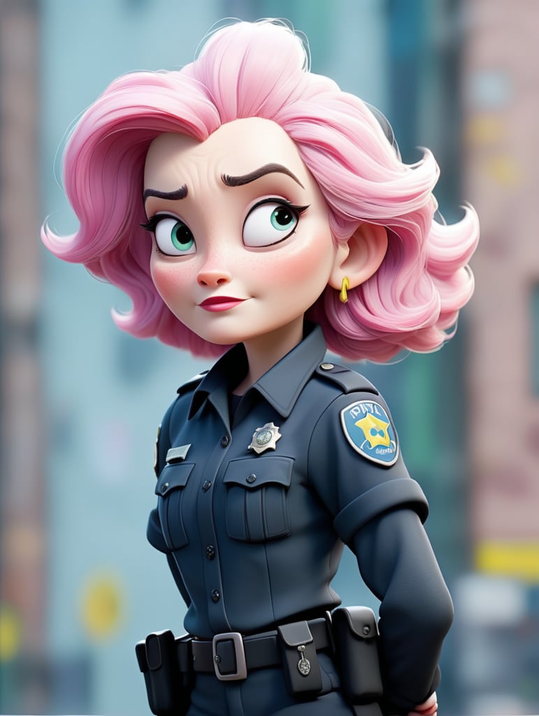 a female police officer with white hair and pink hair