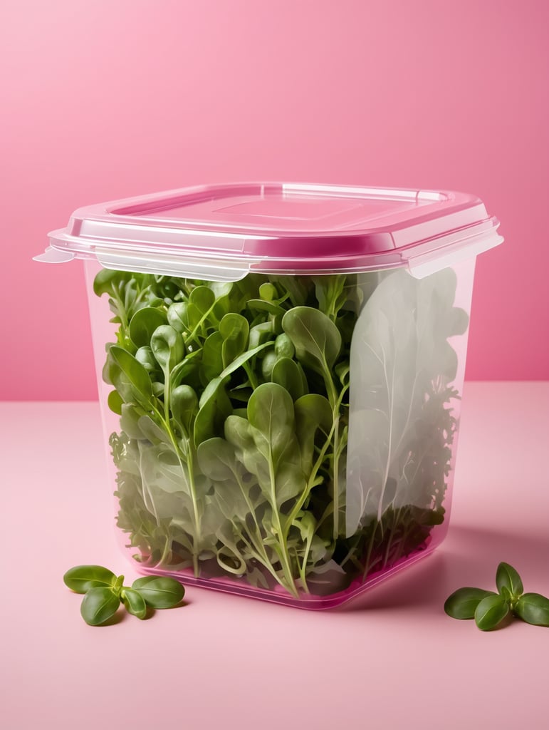 blank Transparent Plastic Container with Arugula Salad, isolated, pink background, Mockup, mock up