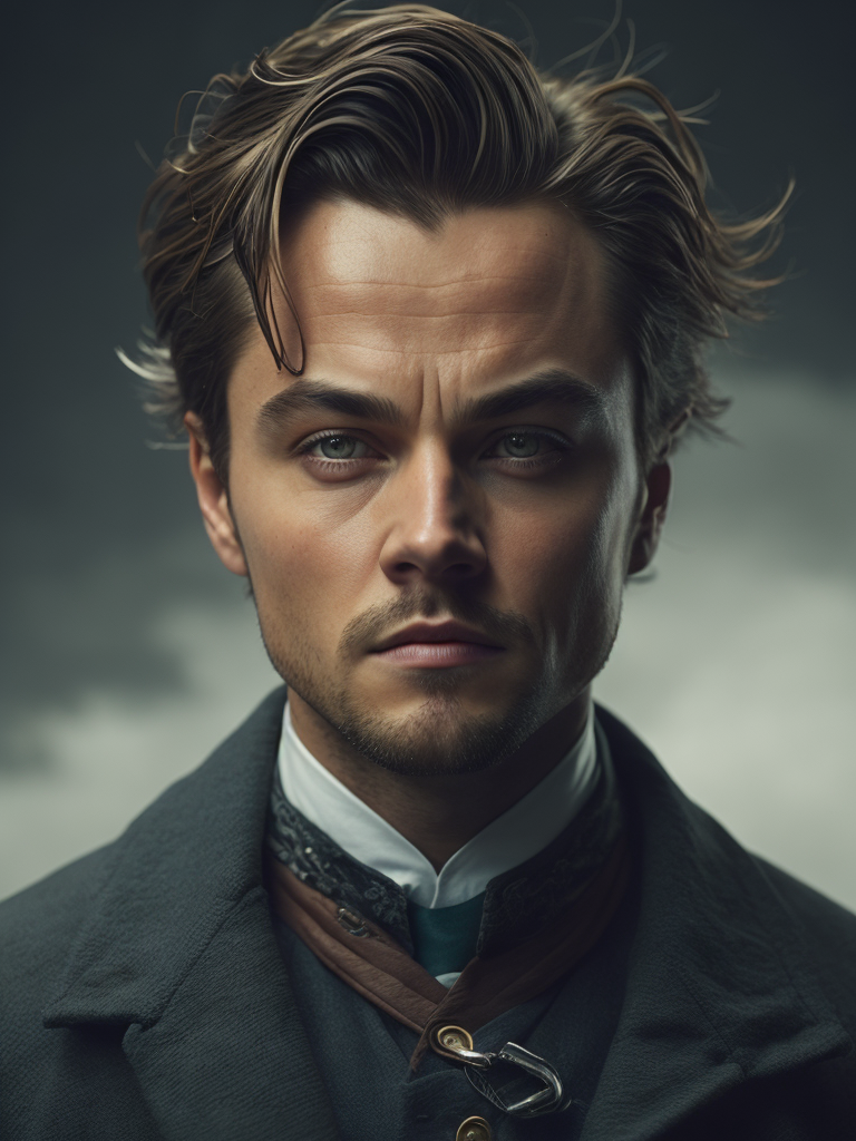 Portrait of Leonardo DiCaprio as a 17th century ship captain, Detailed uniform, Brass buttons, gradient background, contrasting light, detailed face, muted tones