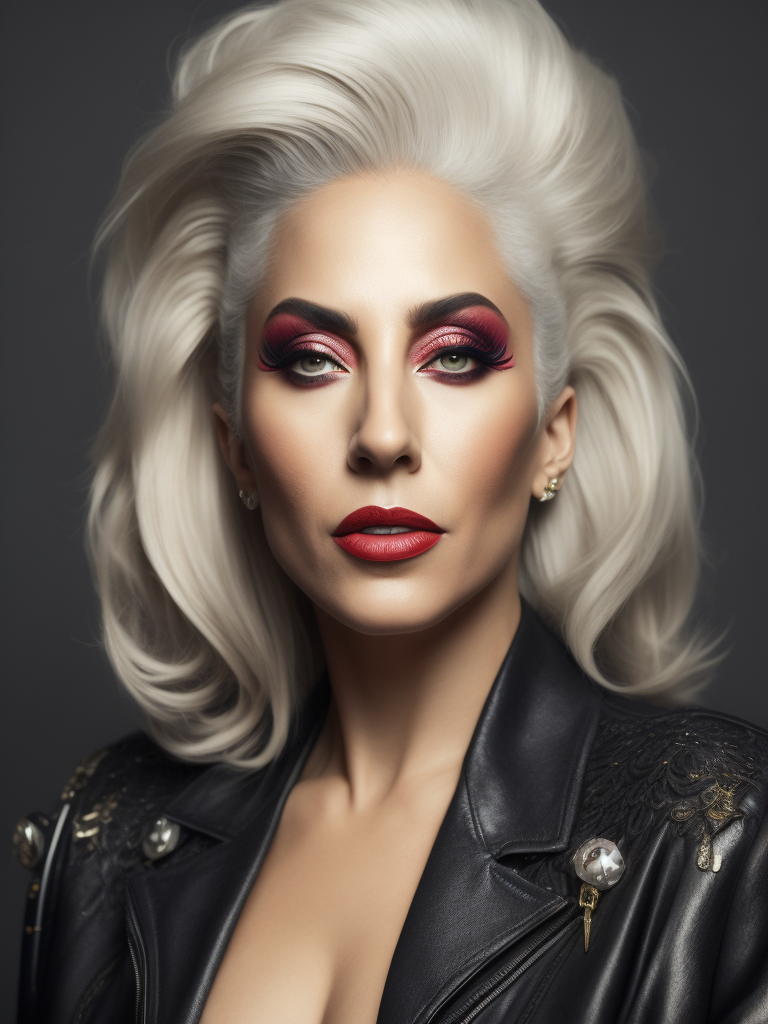 Lady Gaga a 90yr old singer with bright dramatic make-up and wild hair, beautiful pores and skin texture, detailed high resolution image, grey hair, Dior makeup, award winning fashion editorial image