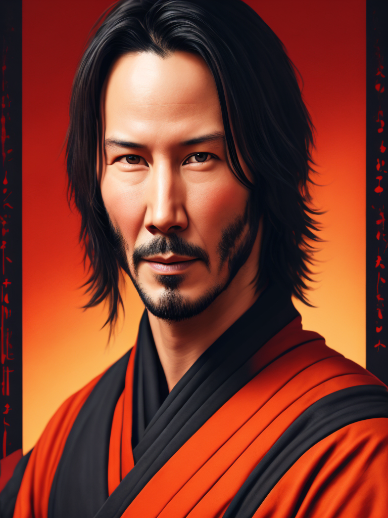 Portrait of Keanu Reeves as a samurai in a red kimono, serious look, detailed background in an oriental style, bright saturated colors