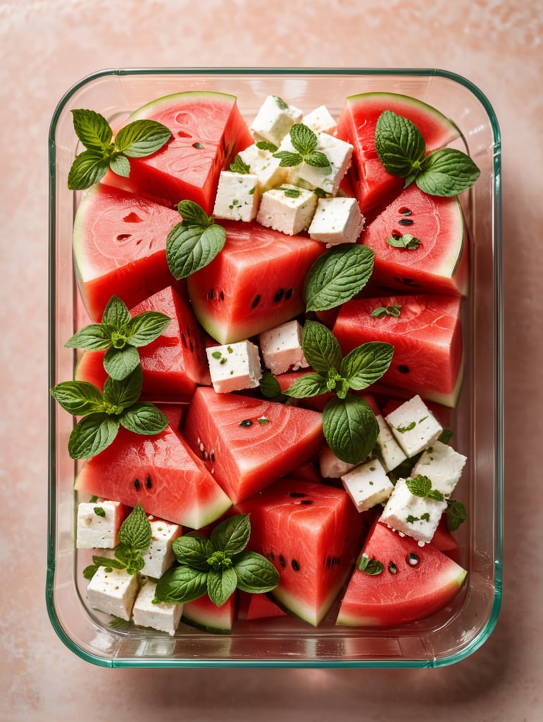 Watermelon Salad with Feta and Mint in a transparent plastic tray, top view, isolated, mockup